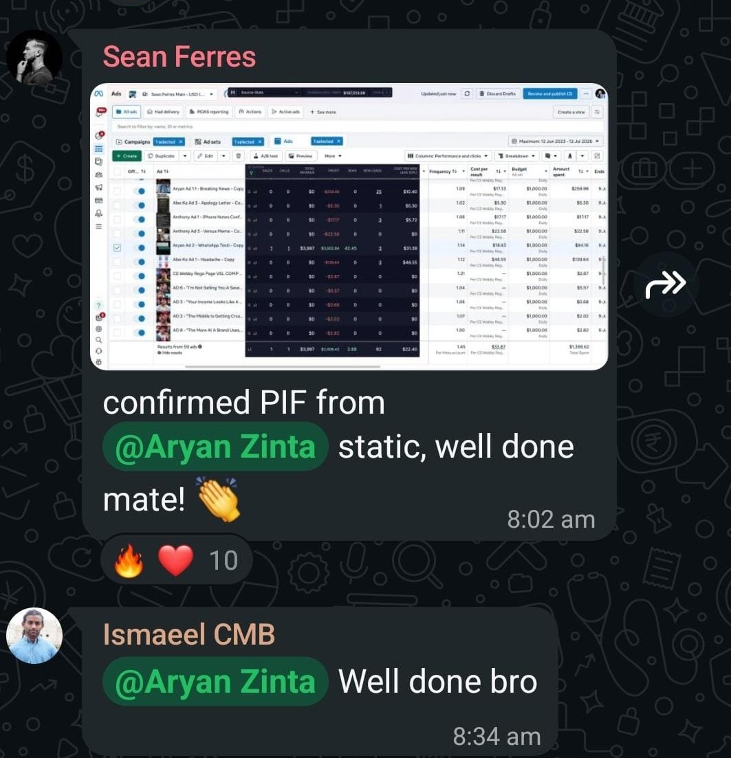 Confirmation of a purchase driven by Aryan's static ad